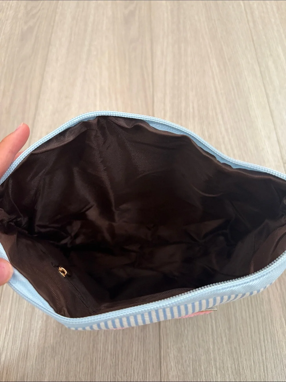 Blue Stripe Cosmetic Bag with Pink 'M' Patch